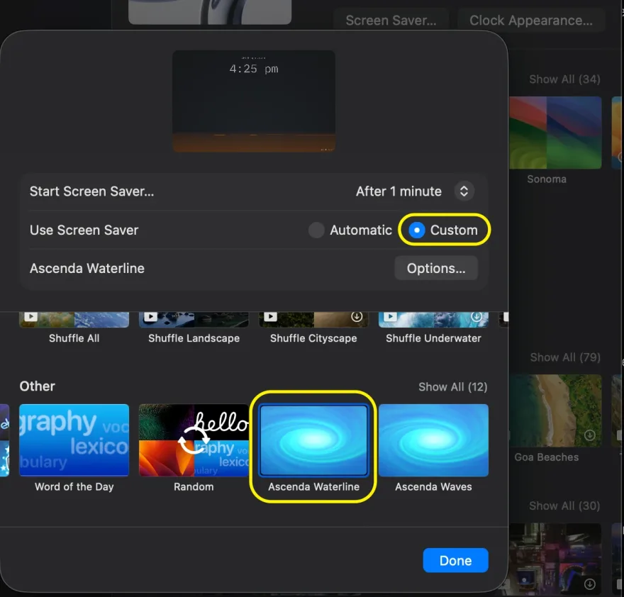 The Screen Saver sheet in macOS Tahoe's Wallpaper settings, with Use Screen Saver set to Custom and Ascenda Waterline selected in the Other list